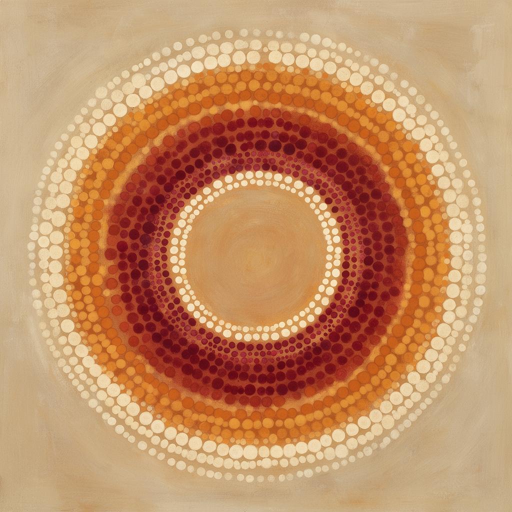 Abstract earth-toned painting of concentric dotted circles in ochre, terracotta and cream